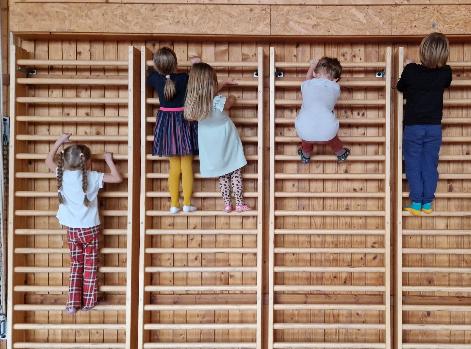 Kinder an einer Kletterwand